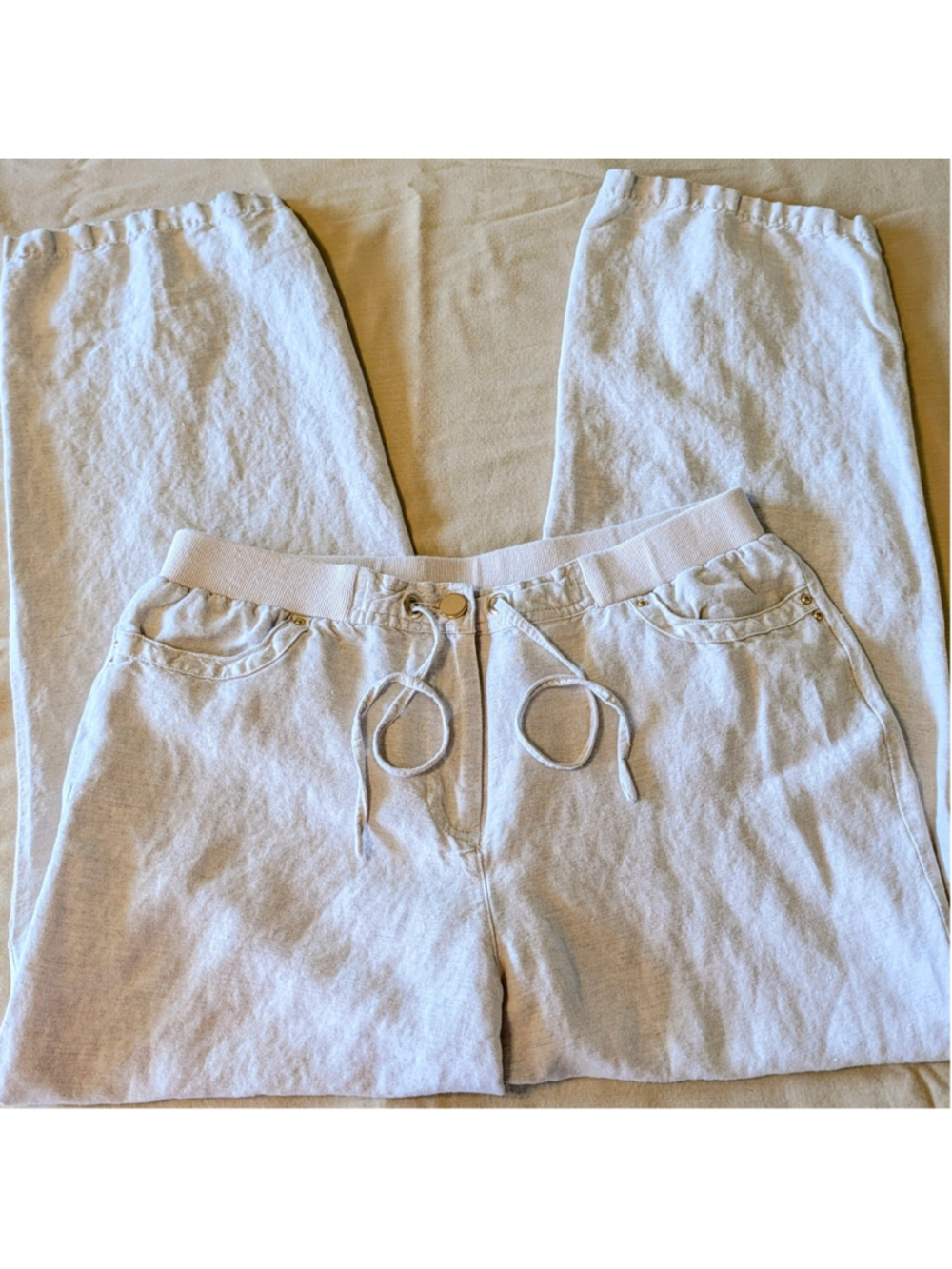 JM Collection Linen Blend Pants Beige Drawstring Waist Casual Lounge Size M - Picture 6 of 12